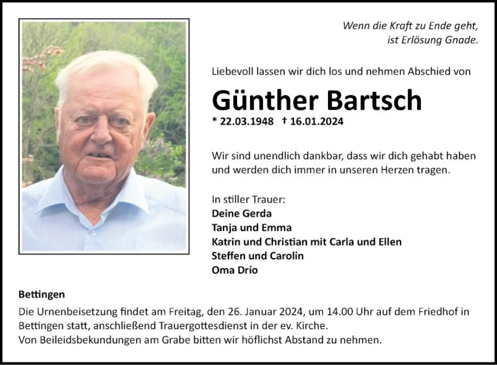  Traueranzeige für Günther Bartsch vom 20.01.2024 aus Fränkische Nachrichten
