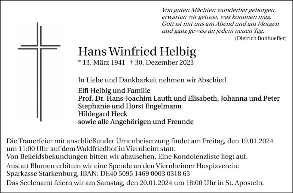  Traueranzeige für Hans Winfried Helbig vom 16.01.2024 aus Mannheimer Morgen