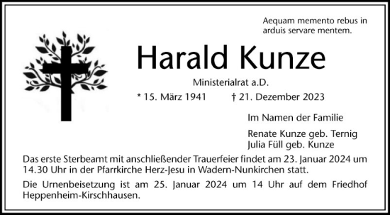 Traueranzeige von Harald Kunze von Bergsträßer Anzeiger