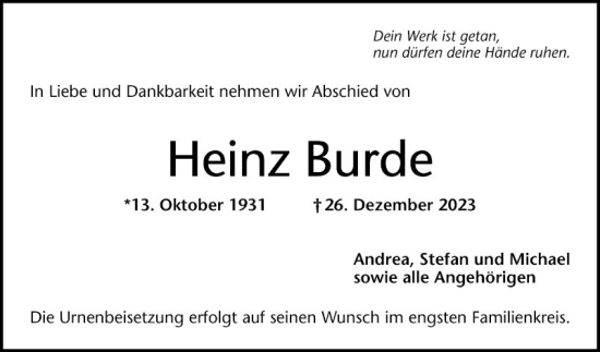 Traueranzeige von Heinz Burde von Schwetzinger Zeitung