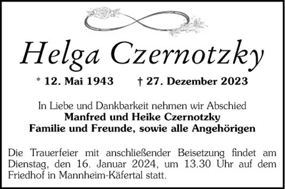  Traueranzeige für Helga Czernotzky vom 13.01.2024 aus Mannheimer Morgen