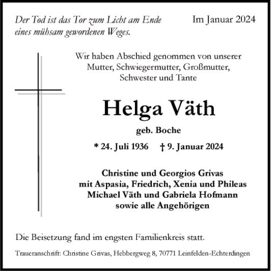 Traueranzeige von Helga Väth von Fränkische Nachrichten