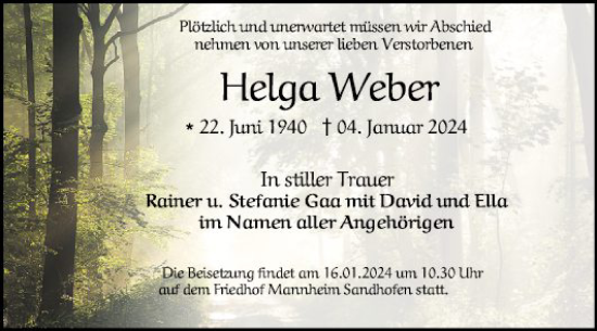 Traueranzeige von Helga Weber von Mannheimer Morgen