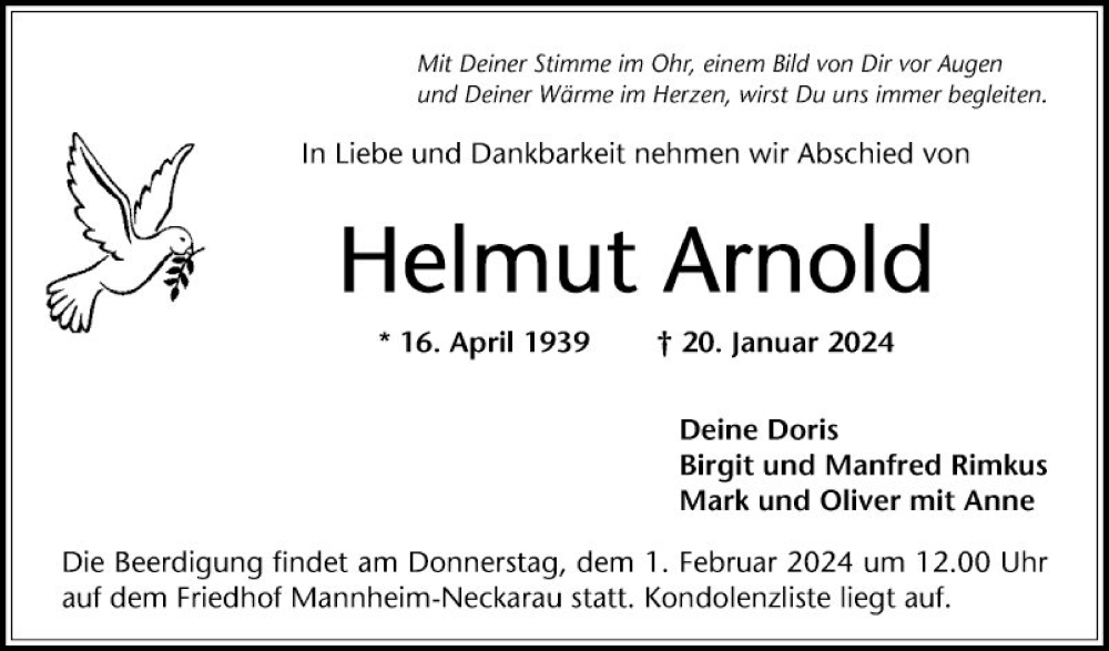  Traueranzeige für Helmut Arnold vom 27.01.2024 aus Mannheimer Morgen
