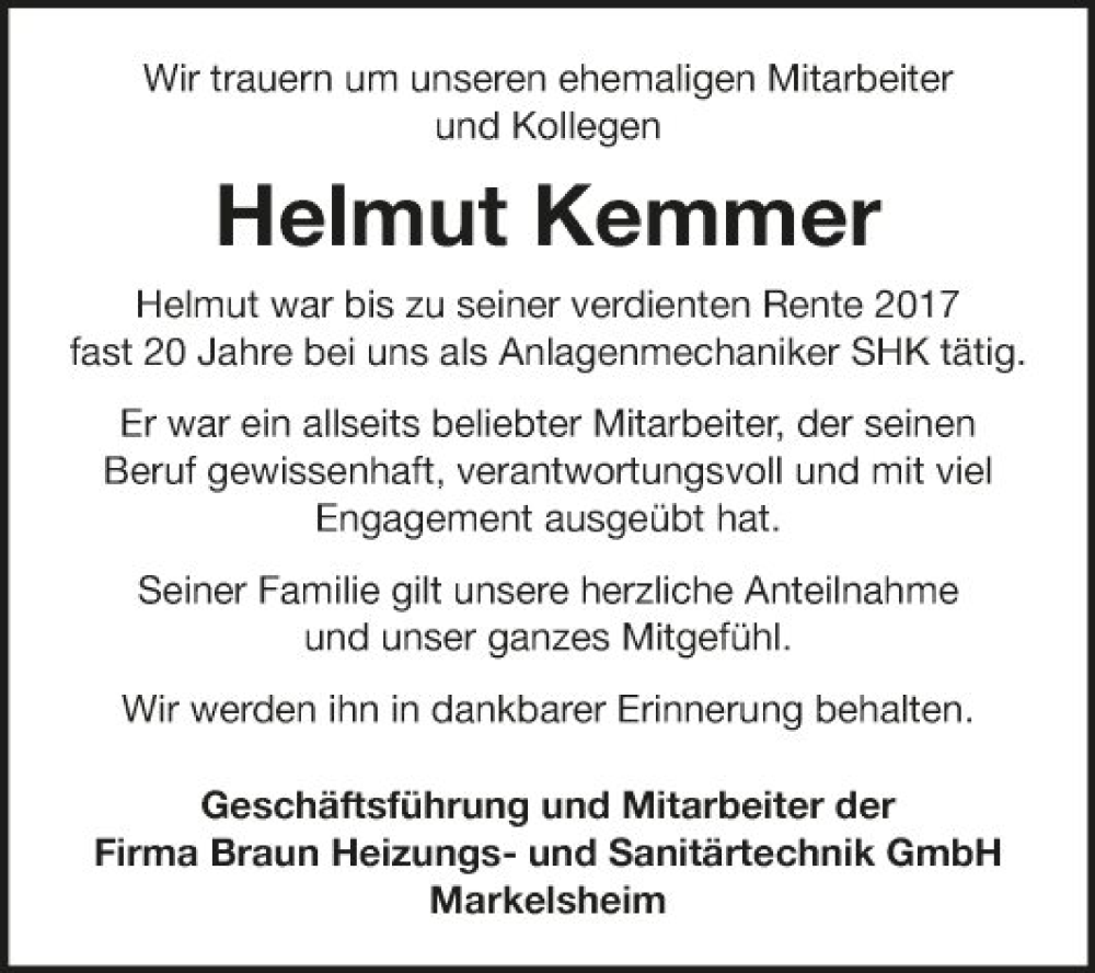  Traueranzeige für Helmut Kemmer vom 23.01.2024 aus Fränkische Nachrichten