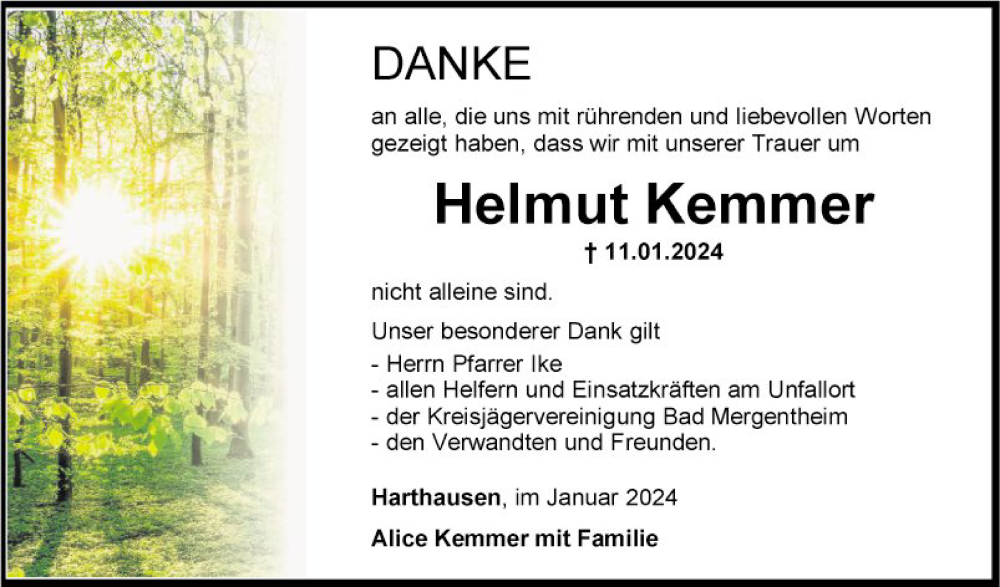  Traueranzeige für Helmut Kemmer vom 01.02.2024 aus Fränkische Nachrichten