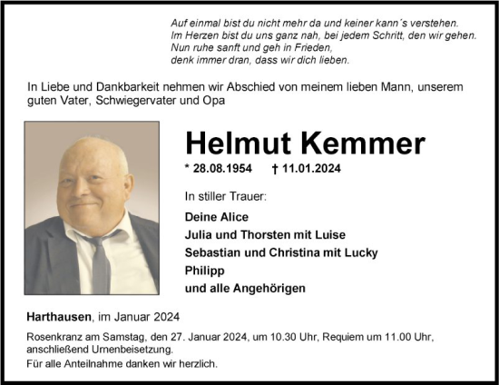 Traueranzeige von Helmut Kemmer von Fränkische Nachrichten