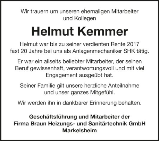 Traueranzeige von Helmut Kemmer von Fränkische Nachrichten