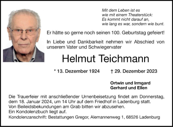 Traueranzeige von Helmut Teichmann von Mannheimer Morgen