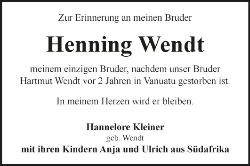  Traueranzeige für Henning Wendt vom 19.01.2024 aus Fränkische Nachrichten
