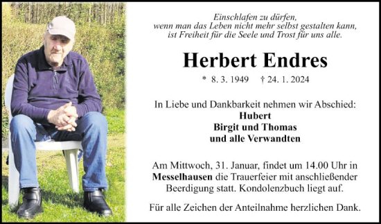 Traueranzeige von Herbert Endres von Fränkische Nachrichten