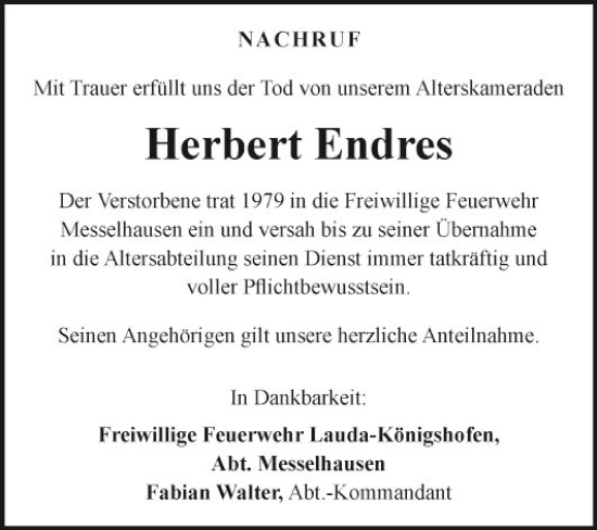 Traueranzeige von Herbert Endres von Fränkische Nachrichten