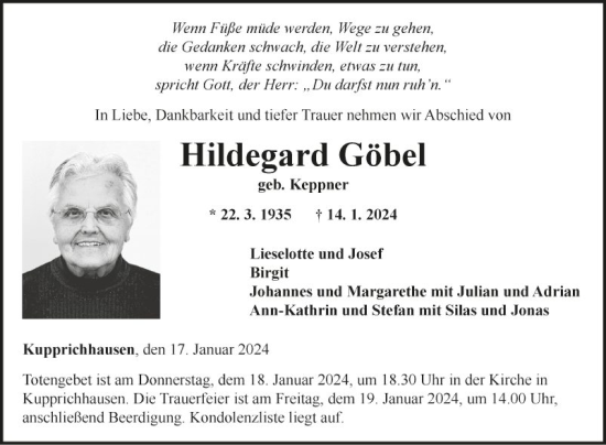 Traueranzeige von Hildegard Göbel von Fränkische Nachrichten