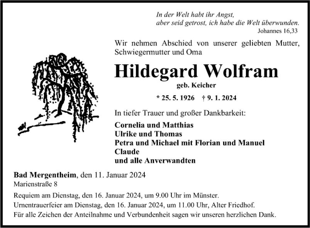  Traueranzeige für Hildegard Wolfram vom 11.01.2024 aus Fränkische Nachrichten