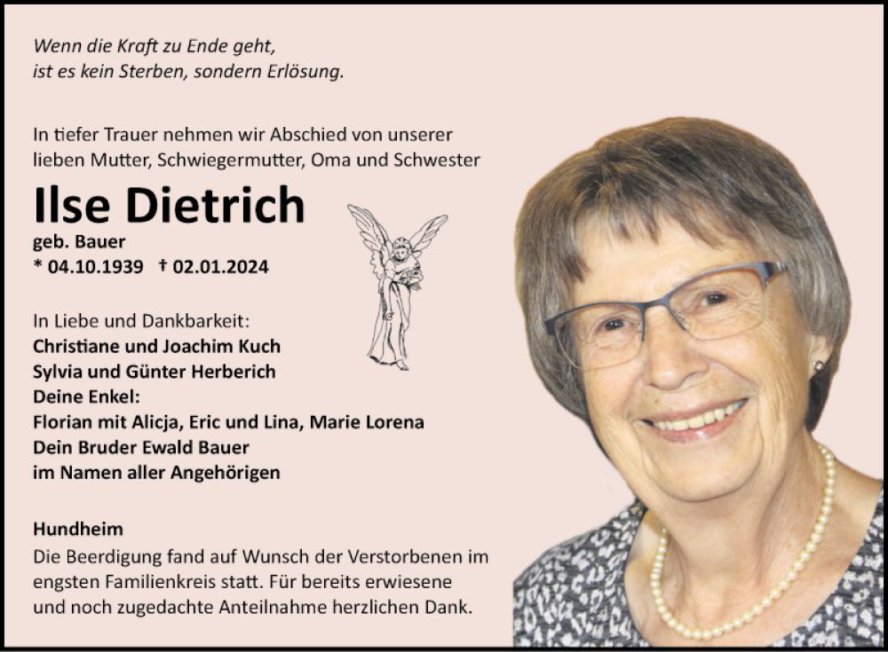  Traueranzeige für Ilse Dietrich vom 08.01.2024 aus Fränkische Nachrichten