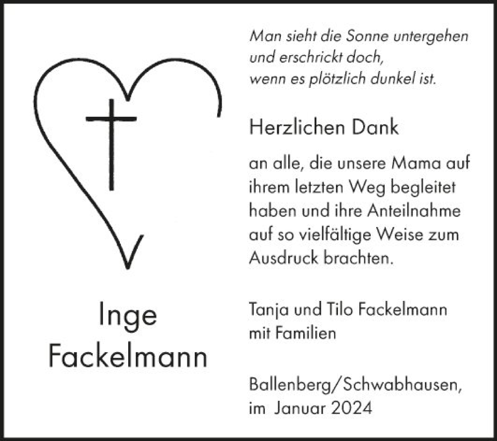  Traueranzeige für Inge Fackelmann vom 27.01.2024 aus Fränkische Nachrichten