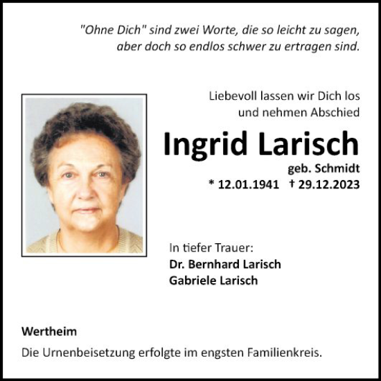 Traueranzeige von Ingrid Larisch von Fränkische Nachrichten