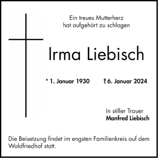 Traueranzeige von Irma Liebisch von Bergsträßer Anzeiger