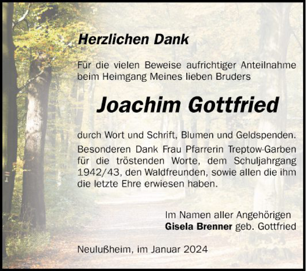  Traueranzeige für Joachim Gottfried vom 31.01.2024 aus Schwetzinger Zeitung