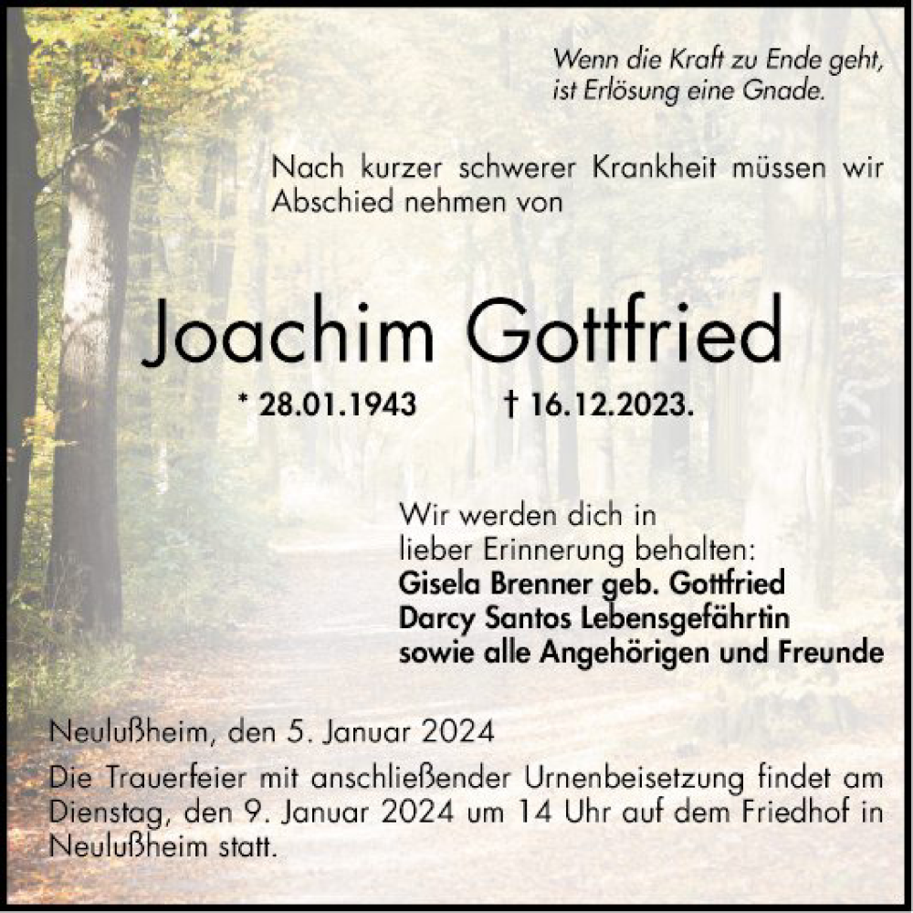  Traueranzeige für Joachim Gottfried vom 05.01.2024 aus Schwetzinger Zeitung