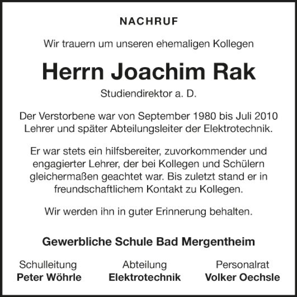  Traueranzeige für Joachim Rak vom 17.01.2024 aus Fränkische Nachrichten