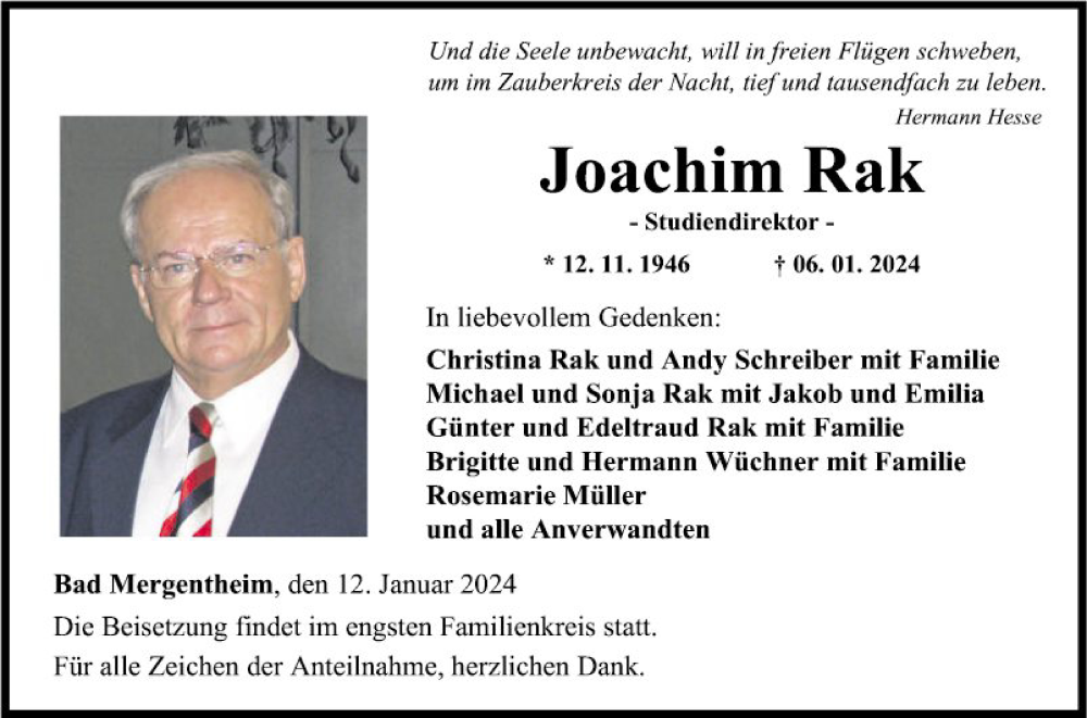  Traueranzeige für Joachim Rak vom 12.01.2024 aus Fränkische Nachrichten