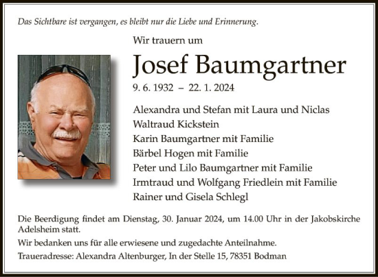 Traueranzeige von Josef Baumgartner von Fränkische Nachrichten