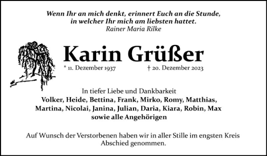 Traueranzeige von Karin Grüßer von Mannheimer Morgen
