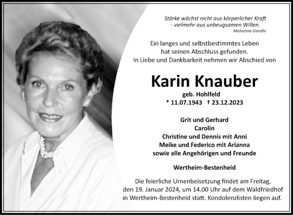  Traueranzeige für Karin Knauber vom 05.01.2024 aus Fränkische Nachrichten