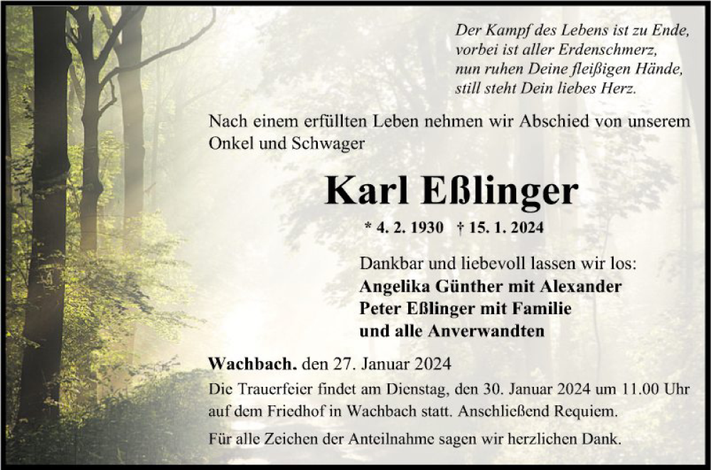  Traueranzeige für Karl Eßlinger vom 27.01.2024 aus Fränkische Nachrichten