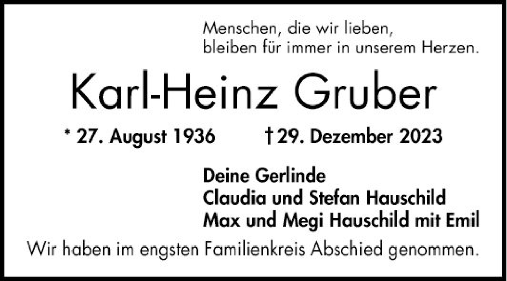  Traueranzeige für Karl-Heinz Gruber vom 20.01.2024 aus Mannheimer Morgen