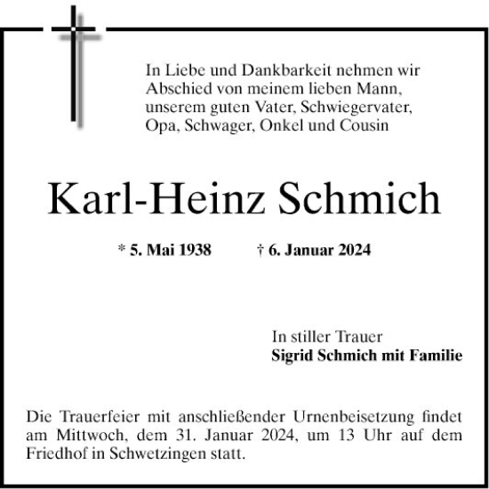 Traueranzeige von Karl-Heinz Schmich von Schwetzinger Zeitung