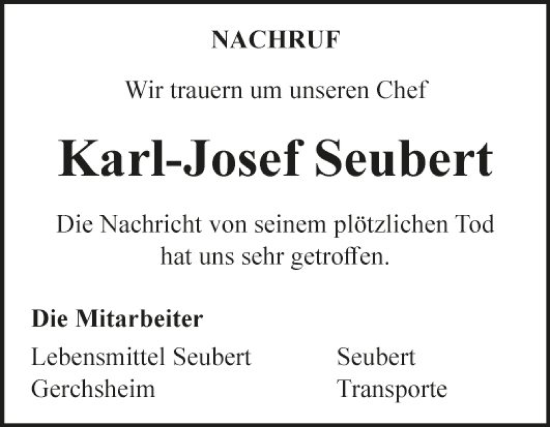 Traueranzeige von Karl-Josef Seubert von Fränkische Nachrichten