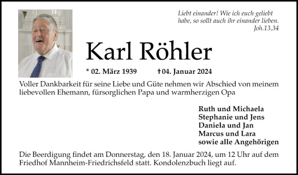  Traueranzeige für Karl Röhler vom 13.01.2024 aus Mannheimer Morgen