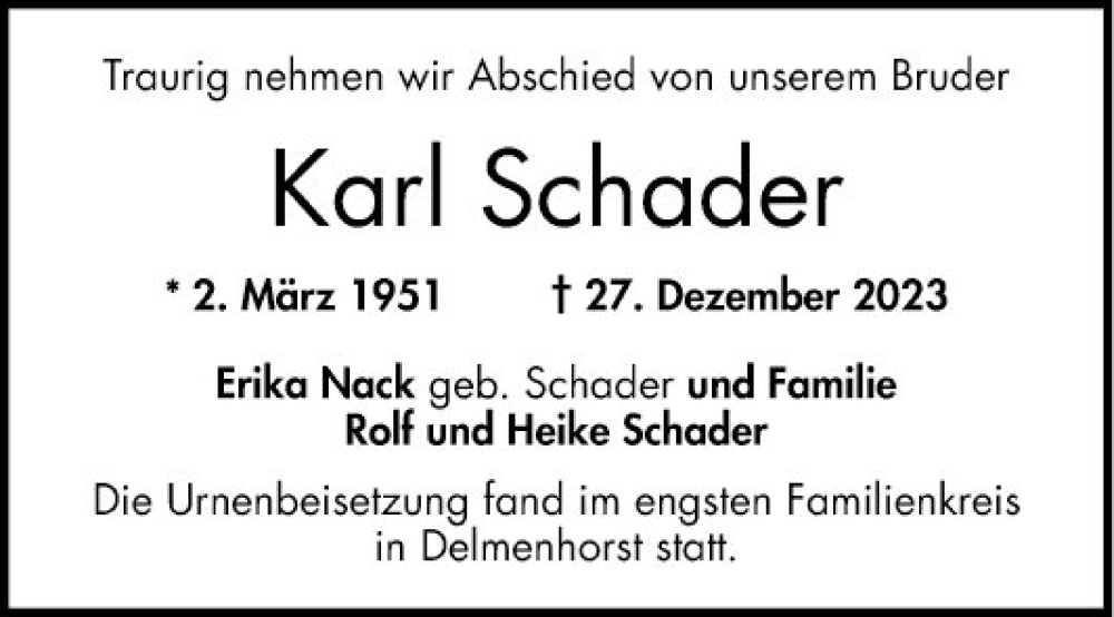  Traueranzeige für Karl Schader vom 20.01.2024 aus Bergsträßer Anzeiger