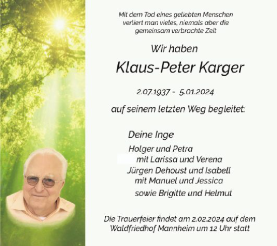 Traueranzeige von Klaus-Peter Karger von Mannheimer Morgen