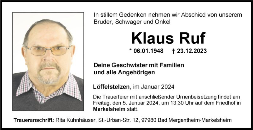  Traueranzeige für Klaus Ruf vom 02.01.2024 aus Fränkische Nachrichten