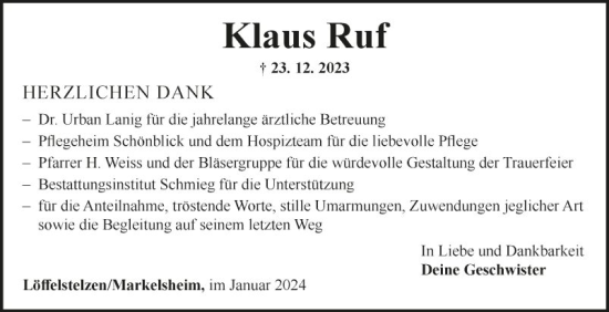 Traueranzeige von Klaus Ruf von Fränkische Nachrichten