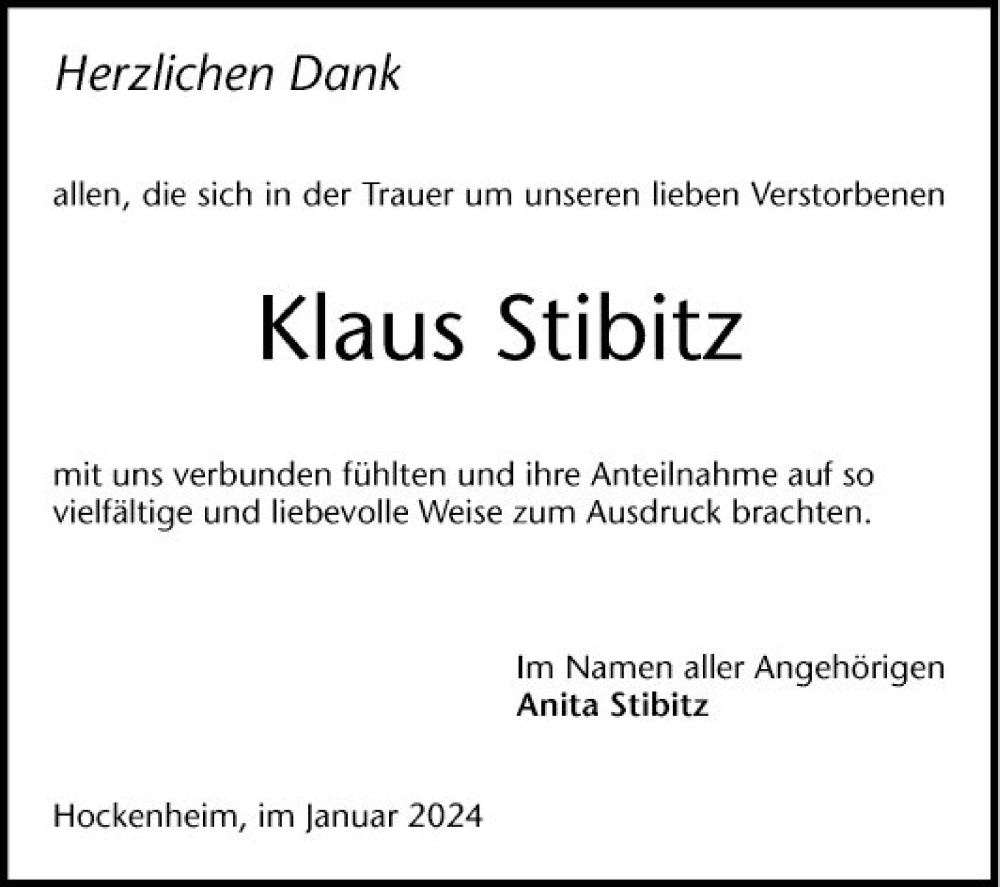 Traueranzeige für Klaus Stibitz vom 05.01.2024 aus Schwetzinger Zeitung