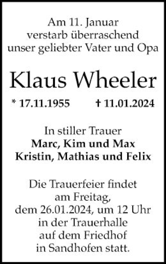 Traueranzeige von Klaus Wheeler von Mannheimer Morgen