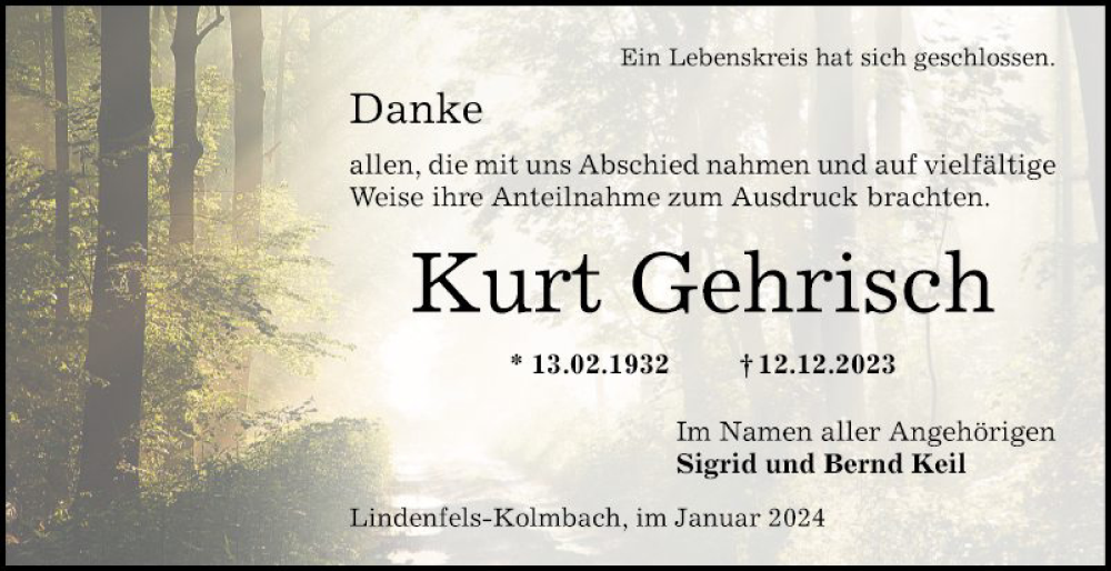  Traueranzeige für Kurt Gehrisch vom 13.01.2024 aus Bergsträßer Anzeiger