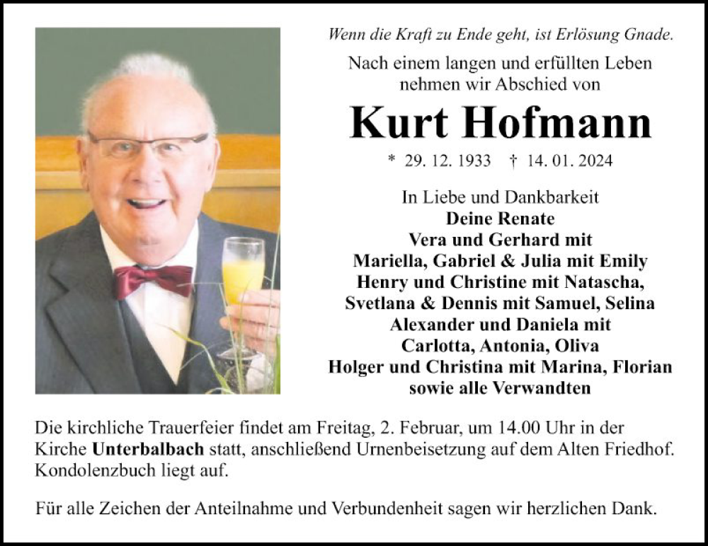  Traueranzeige für Kurt Hofmann vom 27.01.2024 aus Fränkische Nachrichten