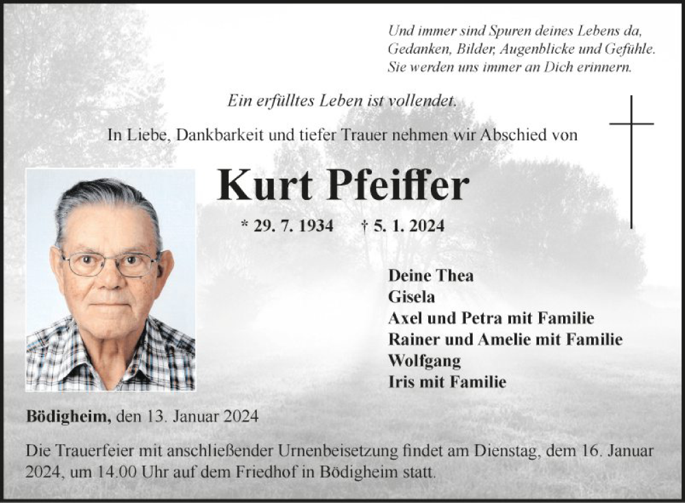  Traueranzeige für Kurt Pfeiffer vom 13.01.2024 aus Fränkische Nachrichten