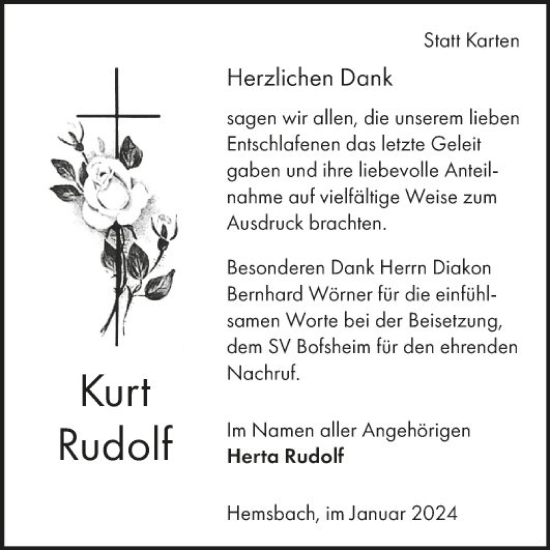 Traueranzeige von Kurt Rudolf von Fränkische Nachrichten