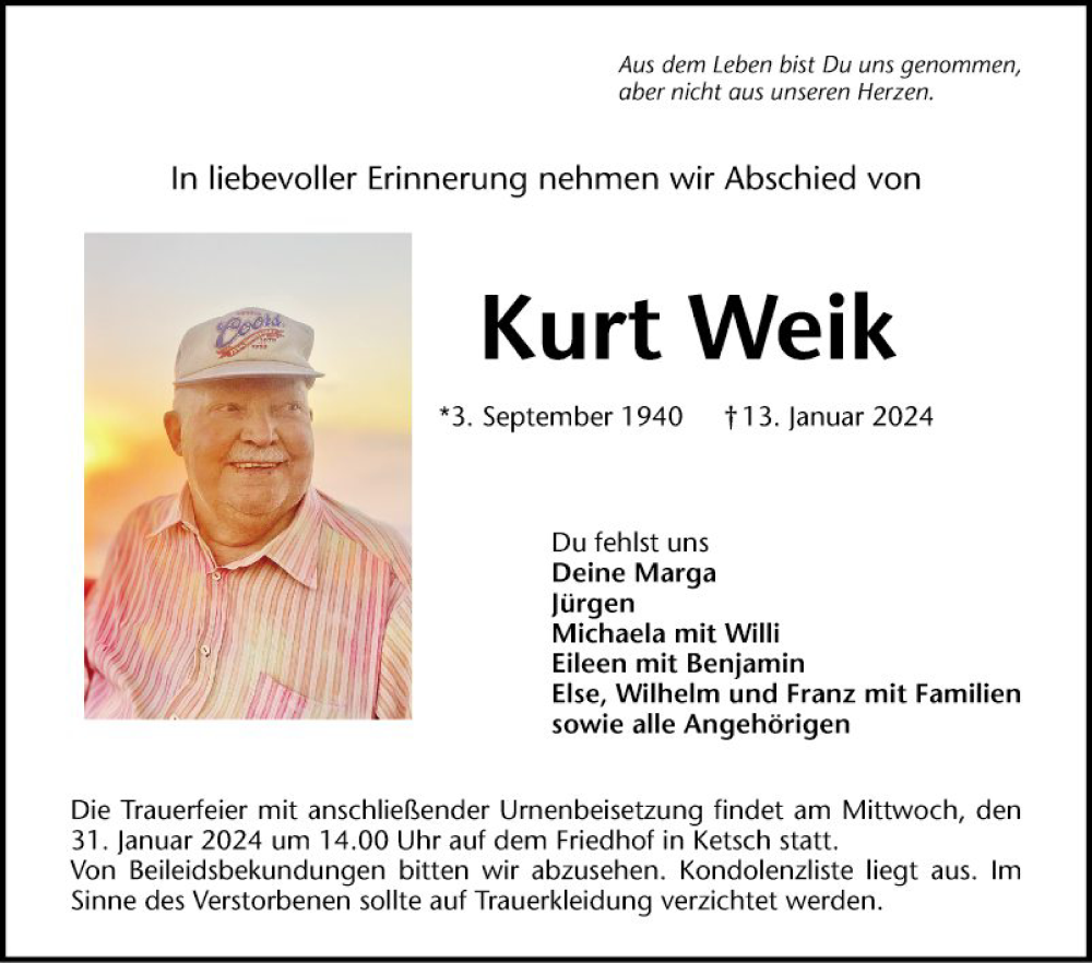 Traueranzeige für Kurt Welk vom 27.01.2024 aus Schwetzinger Zeitung