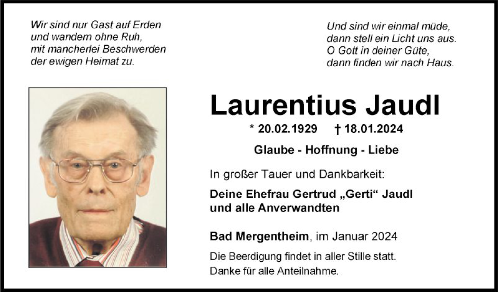  Traueranzeige für Laurentius Jaudl vom 23.01.2024 aus Fränkische Nachrichten