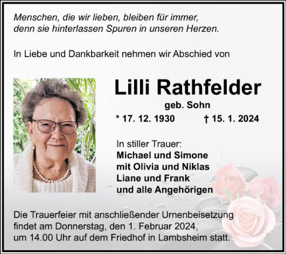  Traueranzeige für Lilli Rathfelder vom 27.01.2024 aus Mannheimer Morgen