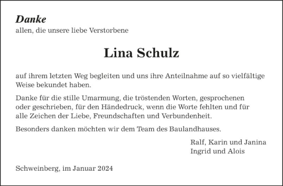 Traueranzeige von Lina Schulz von Fränkische Nachrichten