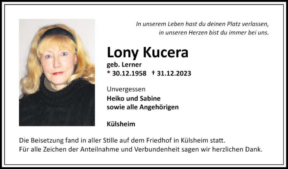  Traueranzeige für Lony Kucera vom 20.01.2024 aus Fränkische Nachrichten