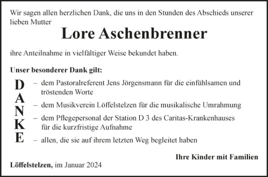 Traueranzeige von Lore Aschenbrenner von Fränkische Nachrichten